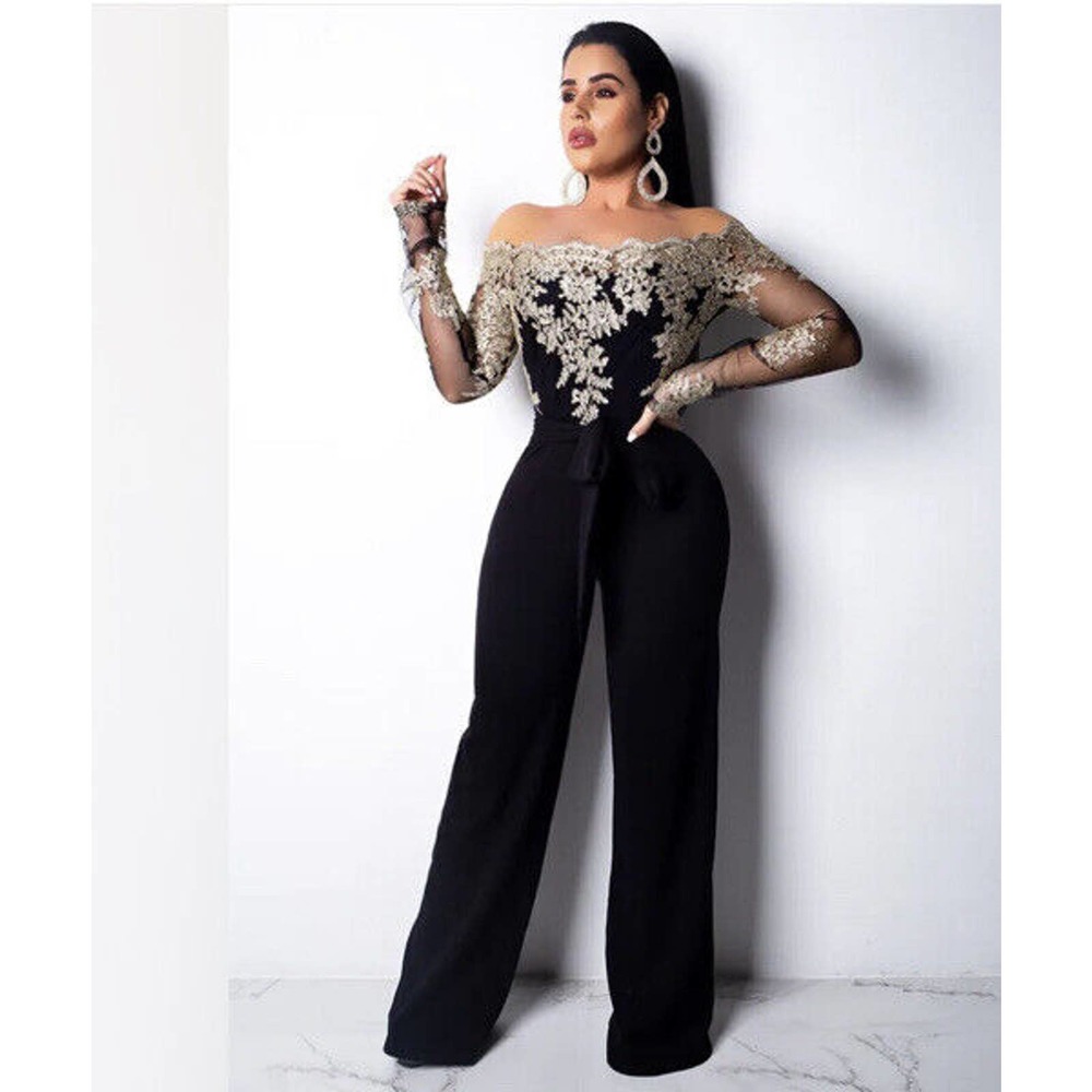 Off-Shoulder Black Jumpsuit with Gold Lace Appliqué.